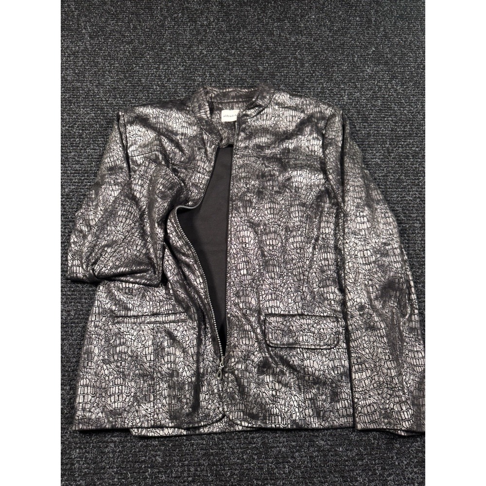 Alfred Dunner Womens 12 Metallic Silver Black Croc Embossed Zip Jacket Blazer - Picture 2 of 6